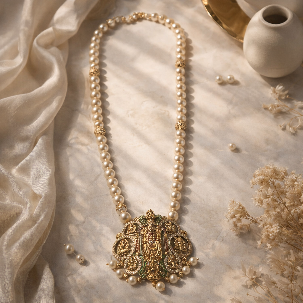 Antique Gold Temple Pearl Pendant Necklace – Traditional Bridal Statement Jewelry for Wedding & Festival Wear