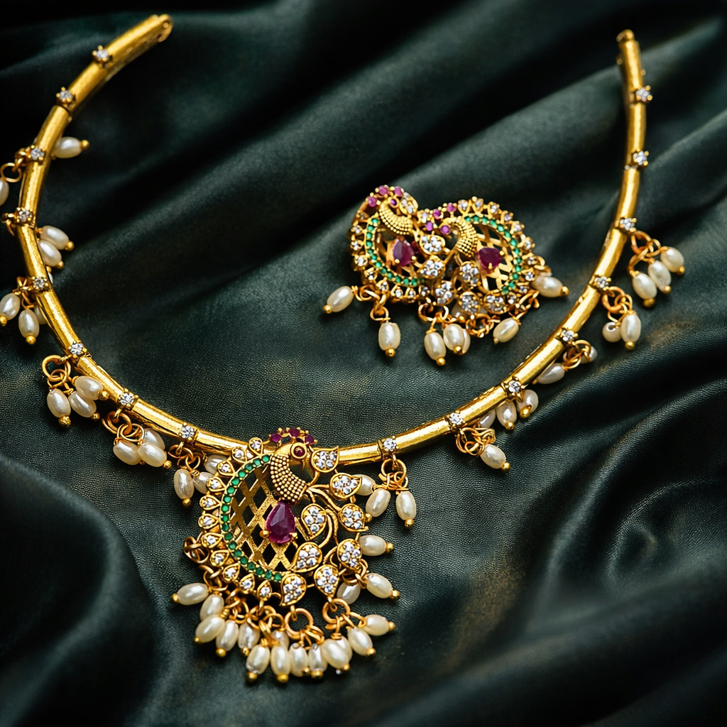 Royal Peacock Gold Tone Bridal Necklace Set – Traditional Temple Statement Jewelry with Pearl Drops - Image 3