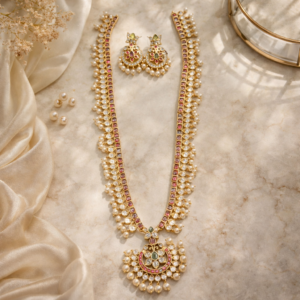 Royal Ruby Kundan Long Bridal Necklace Set with Pearl Drops (Traditional Gold Statement Jewelry for Wedding Wear)