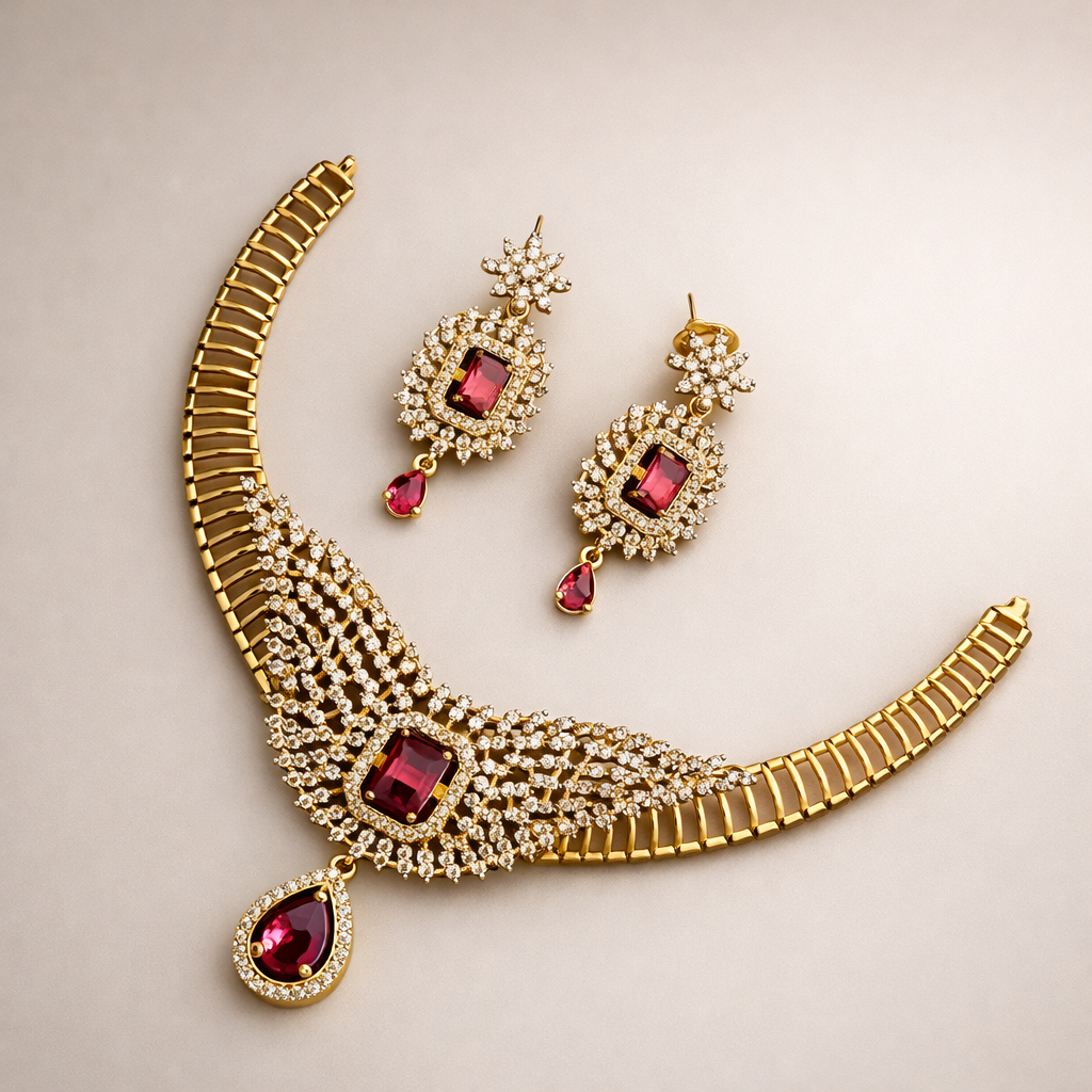 Royal Ruby Crystal Bridal Statement Necklace Set - Image 3