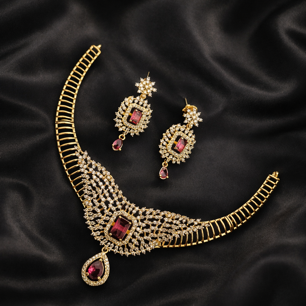 Royal Ruby Crystal Bridal Statement Necklace Set - Image 2