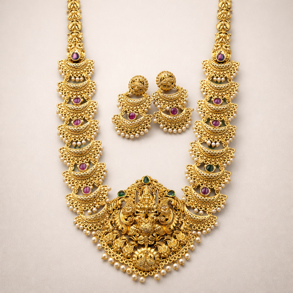 Royal Lakshmi Temple Gold Bridal Statement Necklace Set - Image 2