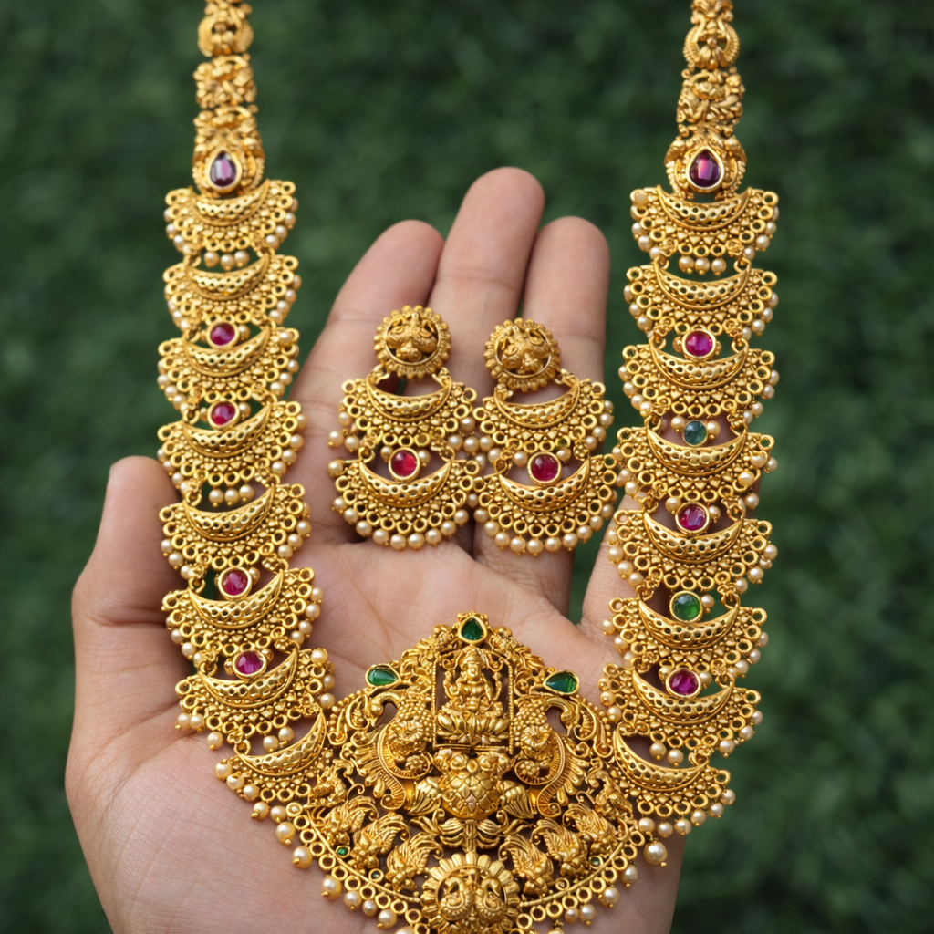 Royal Lakshmi Temple Gold Bridal Statement Necklace Set - Image 3