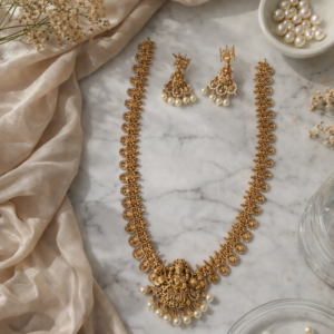 Gold Temple Lakshmi Pearl Drop Bridal Necklace Set for Women – Traditional South Indian Wedding Jewelry