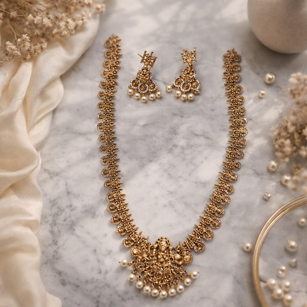 Gold Temple Lakshmi Pearl Drop Bridal Necklace Set for Women – Traditional South Indian Wedding Jewelry - Image 2