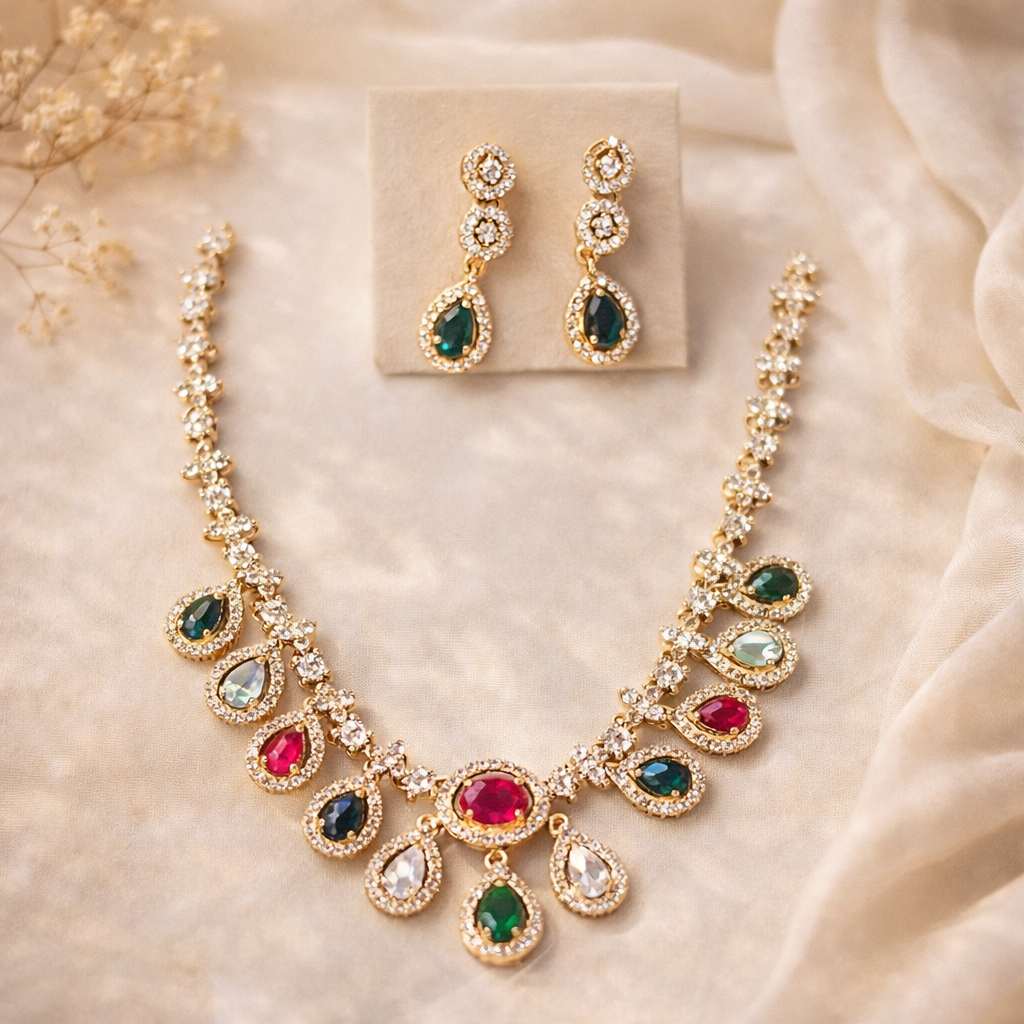 Royal Multicolor Gemstone Gold Bridal Necklace Set