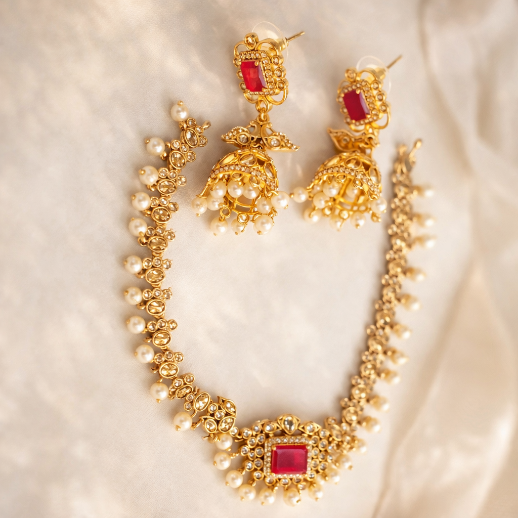 Royal Ruby Gold Temple Choker Set