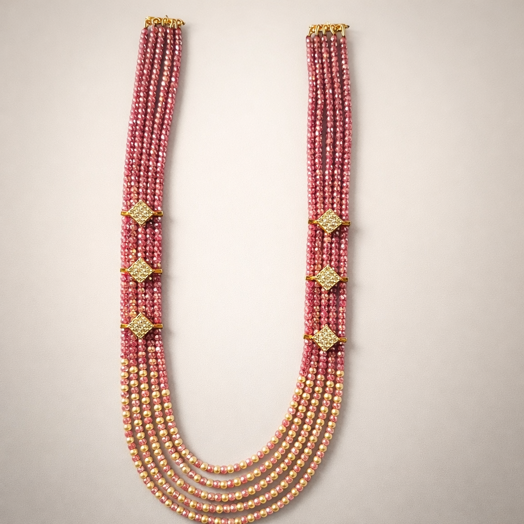 Royal Pink Beaded Gold Layered Bridal Haram