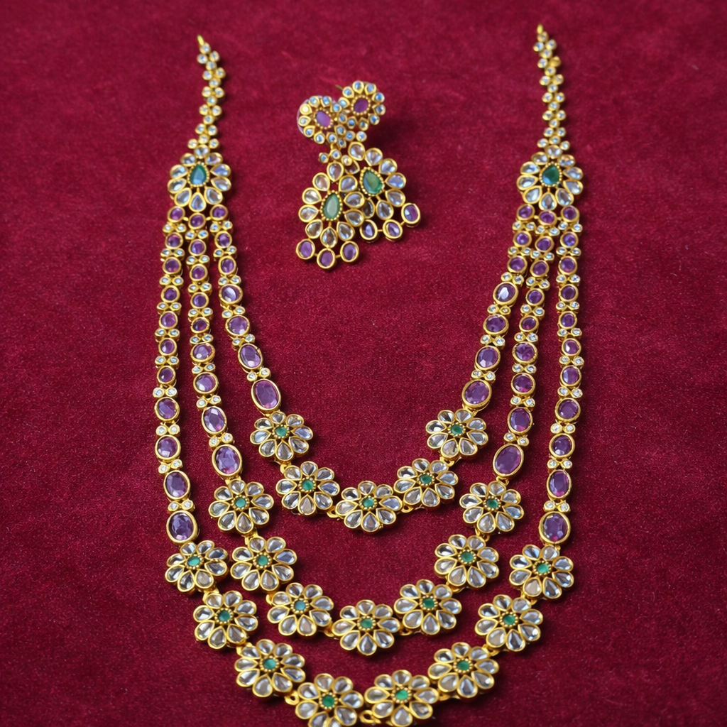 Royal Kundan Ruby & Emerald Double Layer Bridal Necklace Set (Traditional Gold Statement Jewelry for Wedding Wear) - Image 2