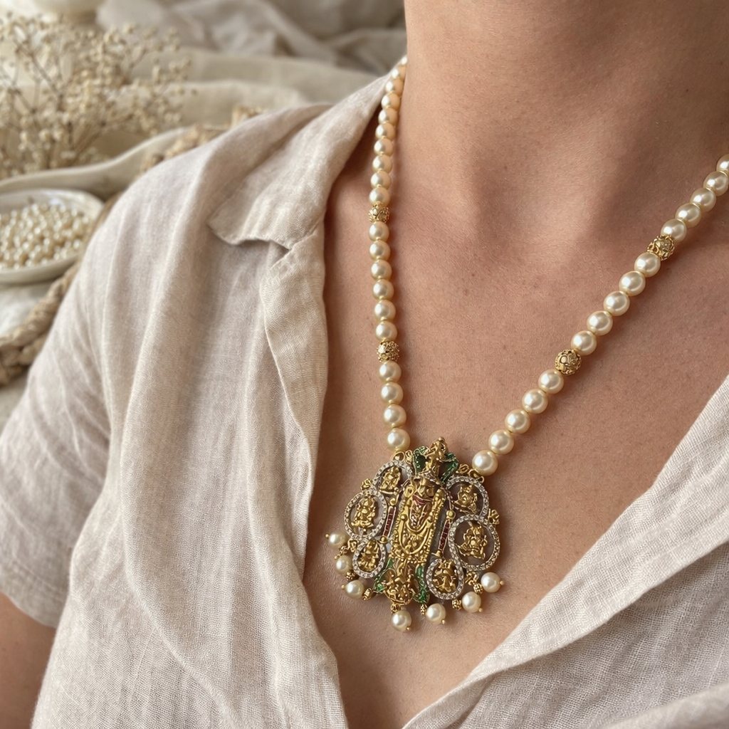 Antique Gold Temple Pearl Pendant Necklace – Traditional Bridal Statement Jewelry for Wedding & Festival Wear - Image 2