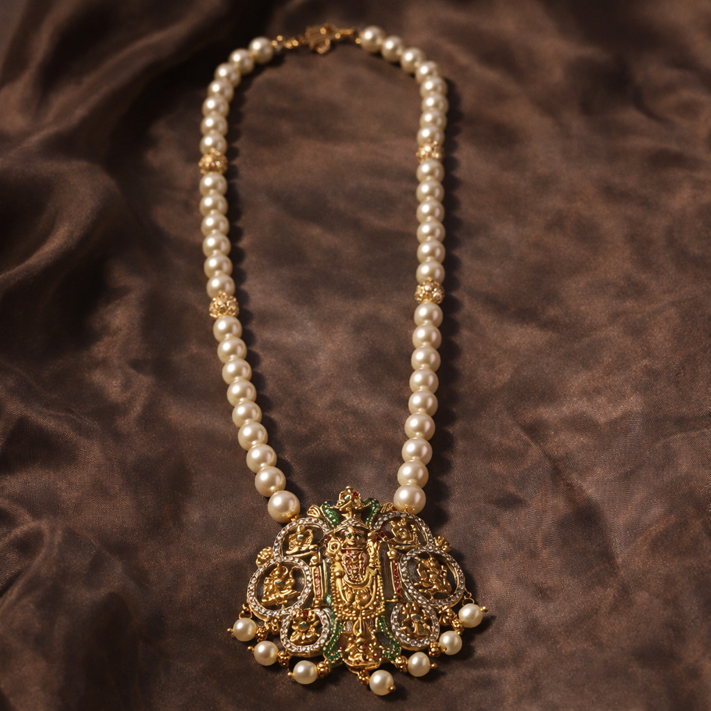Antique Gold Temple Pearl Pendant Necklace – Traditional Bridal Statement Jewelry for Wedding & Festival Wear - Image 3