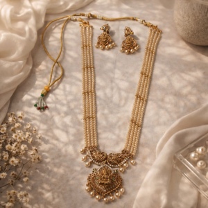Antique Gold Temple Pearl Haram Necklace Set – Traditional Bridal Statement Jewelry for Weddings