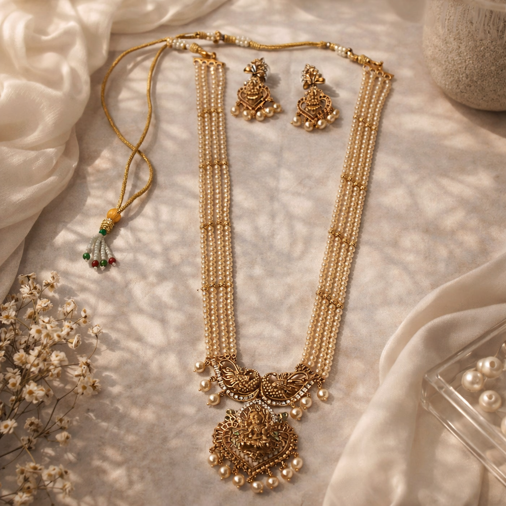 Antique Gold Temple Pearl Haram Necklace Set – Traditional Bridal Statement Jewelry for Weddings