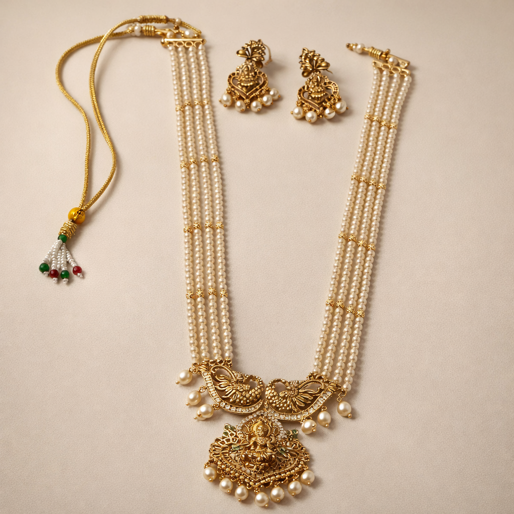 Antique Gold Temple Pearl Haram Necklace Set – Traditional Bridal Statement Jewelry for Weddings - Image 2