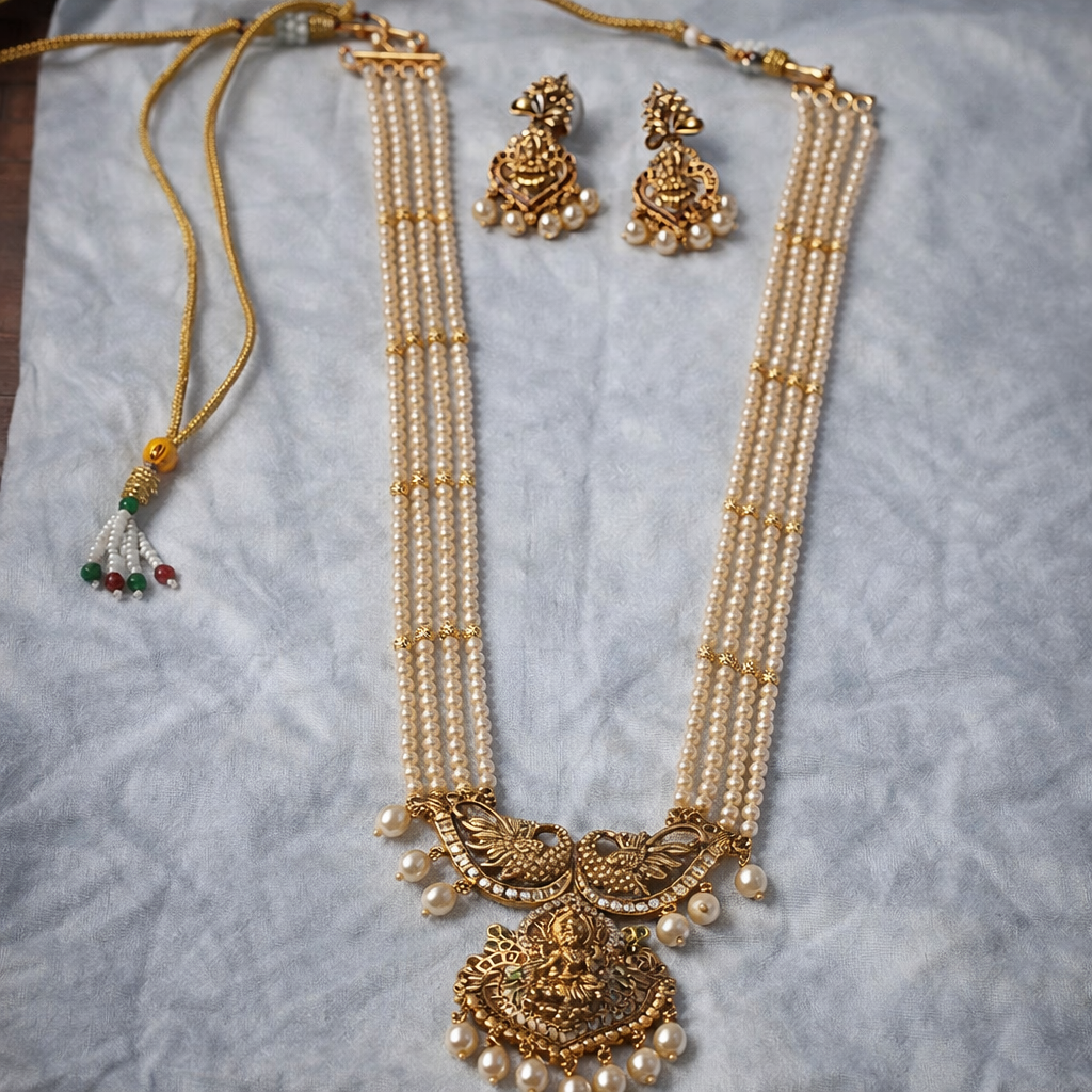 Antique Gold Temple Pearl Haram Necklace Set – Traditional Bridal Statement Jewelry for Weddings - Image 3