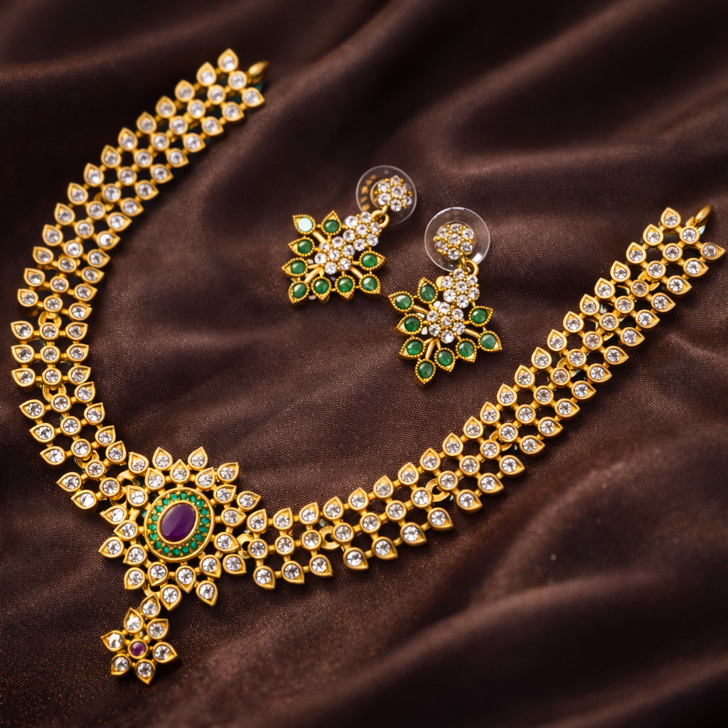 Royal Gold-Tone Kundan Bridal Necklace Set – Traditional Wedding Statement Jewelry with Ruby & Green Accents - Image 3