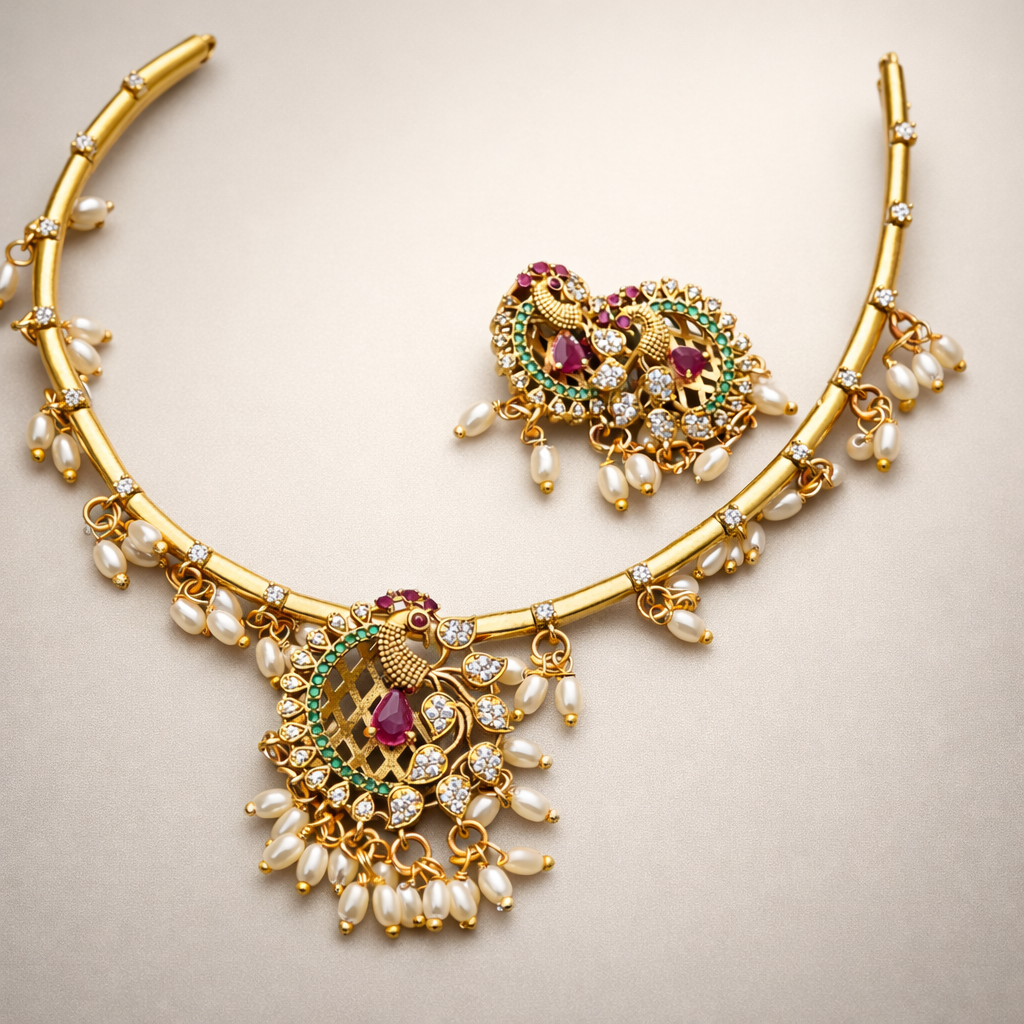 Royal Peacock Gold Tone Bridal Necklace Set – Traditional Temple Statement Jewelry with Pearl Drops - Image 2