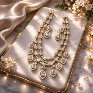 Gold Kundan Teardrop Bridal Necklace Set – Double Layer Statement Wedding Jewelry for Women