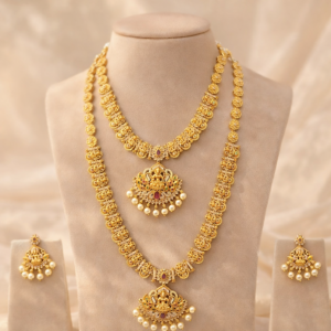 Royal Lakshmi Temple Gold Bridal Necklace Set – Traditional South Indian Statement Jewelry for Wedding & Festival Wear