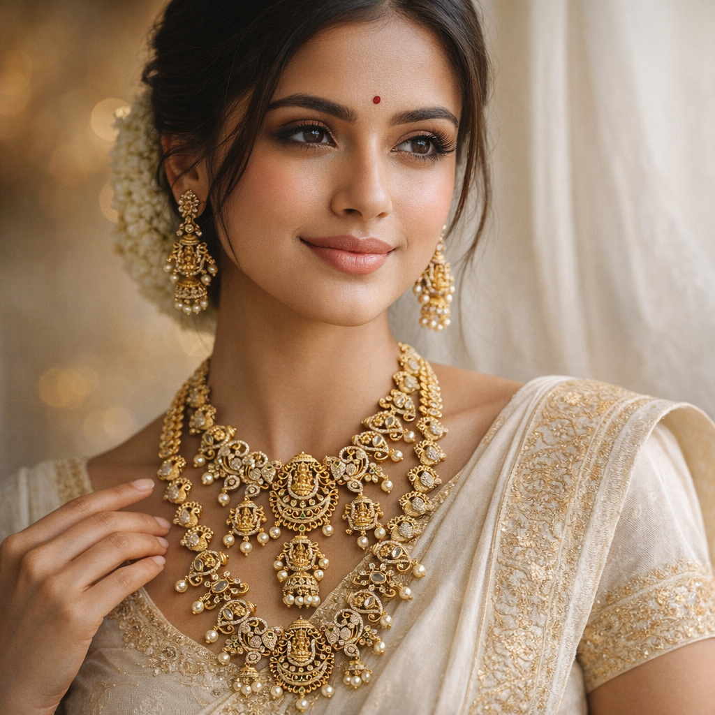 Grand Lakshmi Temple Gold Bridal Necklace Set – Layered Traditional Statement Jewelry for Wedding & Festival Wear - Image 3