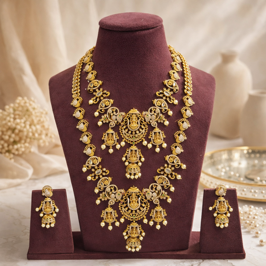 Grand Lakshmi Temple Gold Bridal Necklace Set – Layered Traditional Statement Jewelry for Wedding & Festival Wear