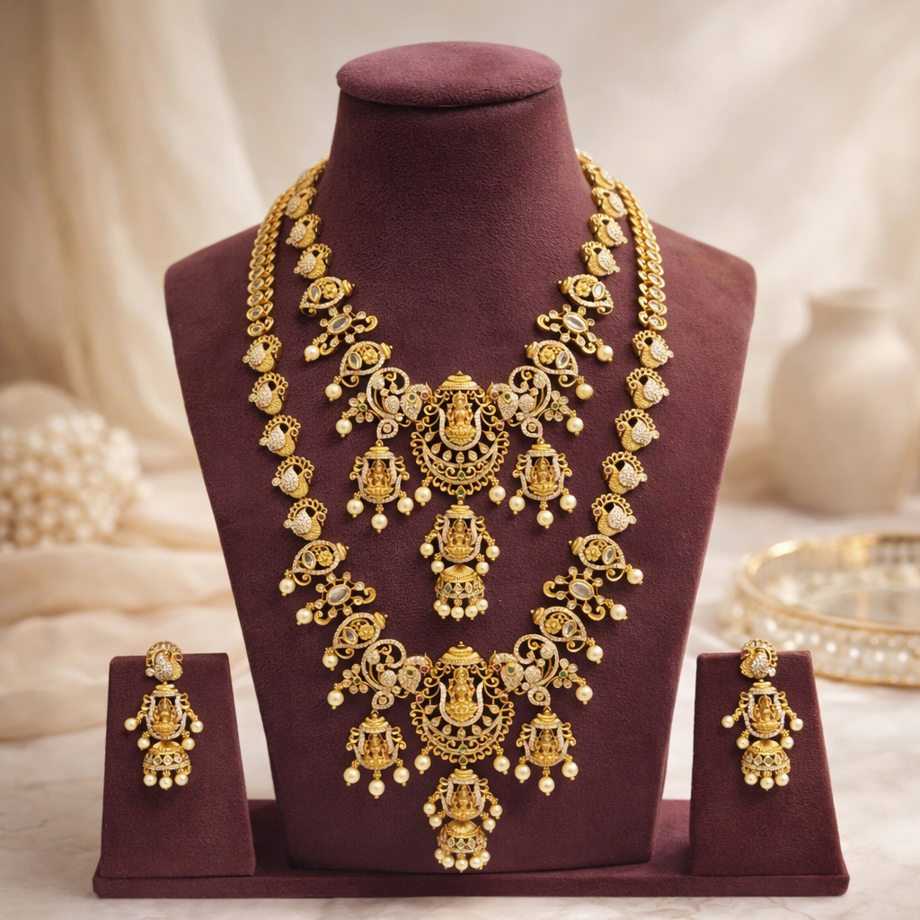 Grand Lakshmi Temple Gold Bridal Necklace Set – Layered Traditional Statement Jewelry for Wedding & Festival Wear - Image 2