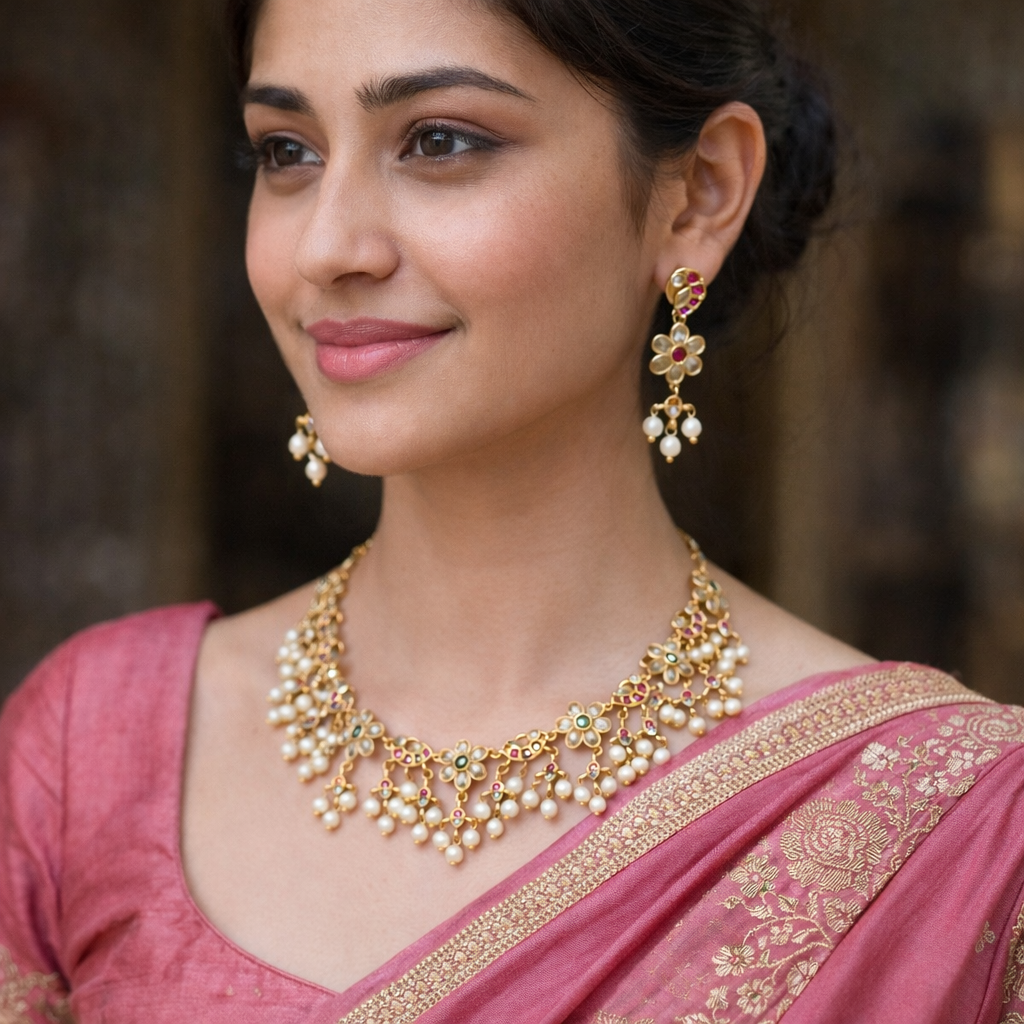 Royal Floral Gold Pearl Bridal Necklace Set – Traditional Wedding Statement Jewelry - Image 4