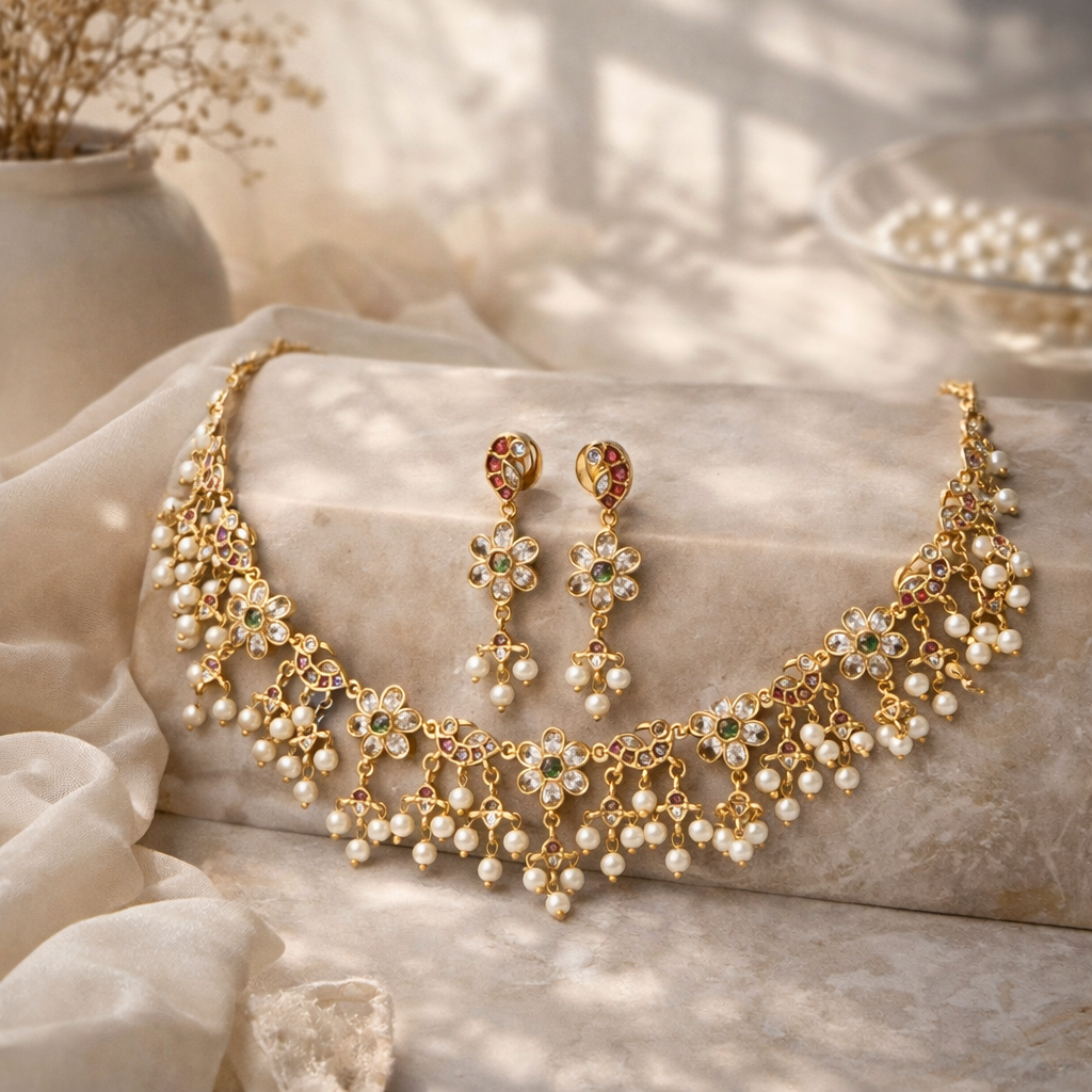 Royal Floral Gold Pearl Bridal Necklace Set – Traditional Wedding Statement Jewelry