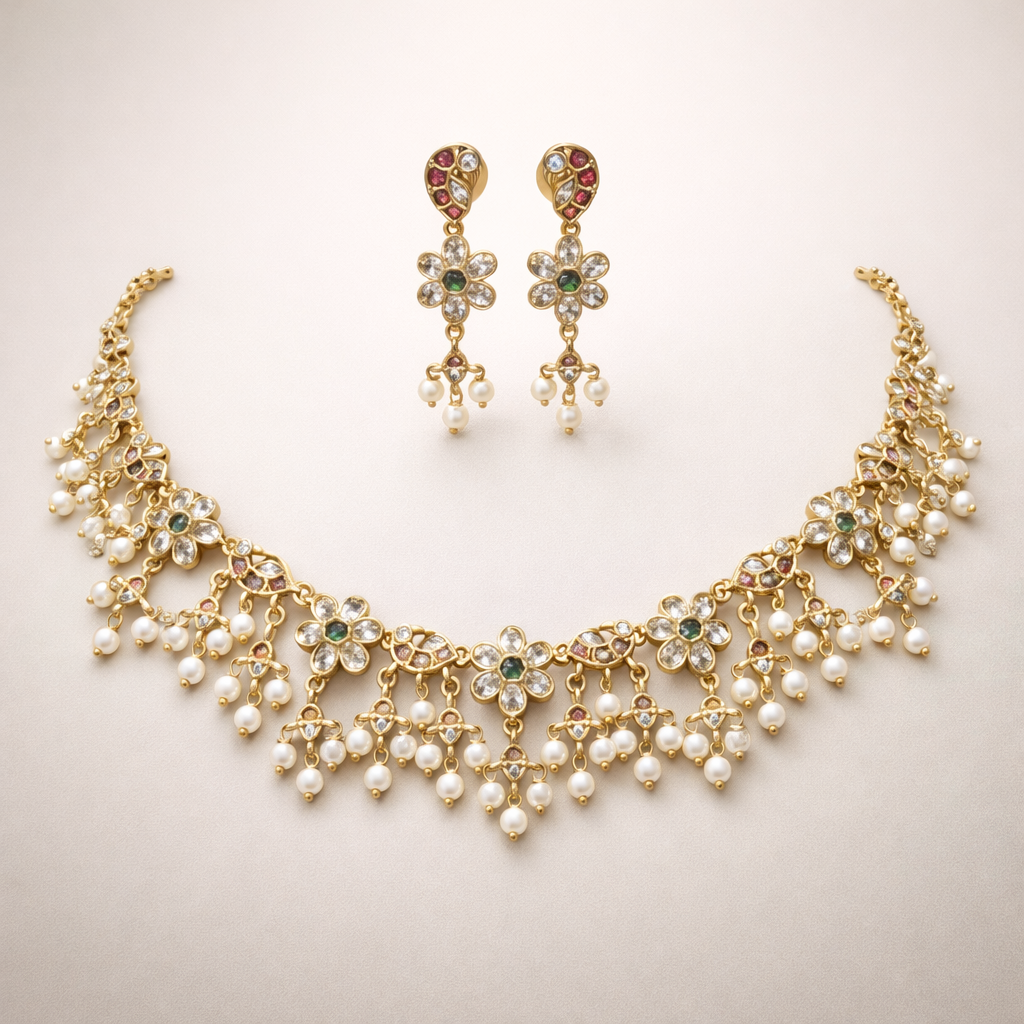 Royal Floral Gold Pearl Bridal Necklace Set – Traditional Wedding Statement Jewelry - Image 2