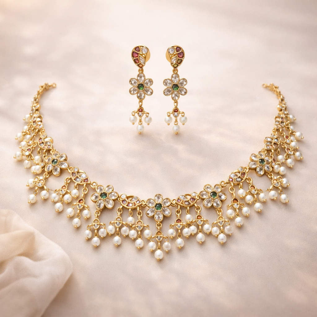 Royal Floral Gold Pearl Bridal Necklace Set – Traditional Wedding Statement Jewelry - Image 3