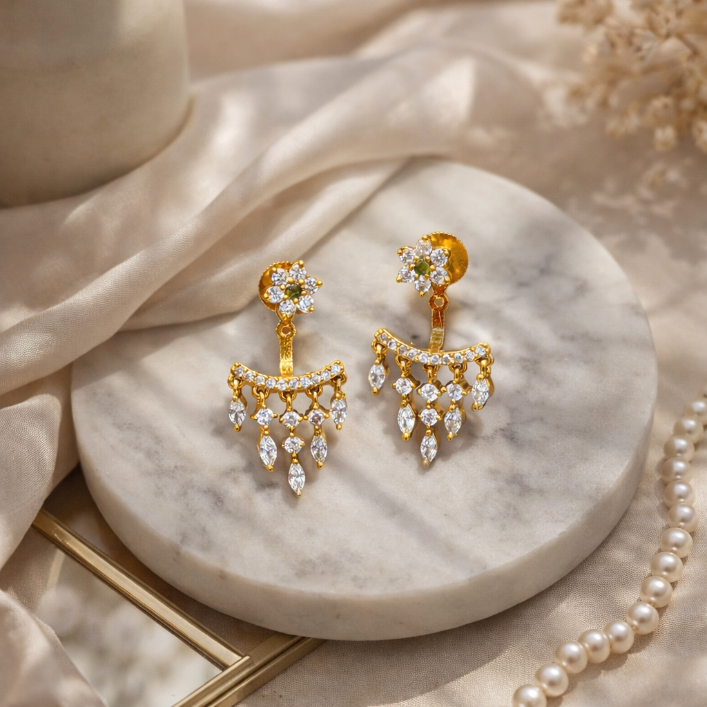 Floral Gold Dangle Earrings with Crystal Drops – Elegant Wedding & Festival Statement Jewelry