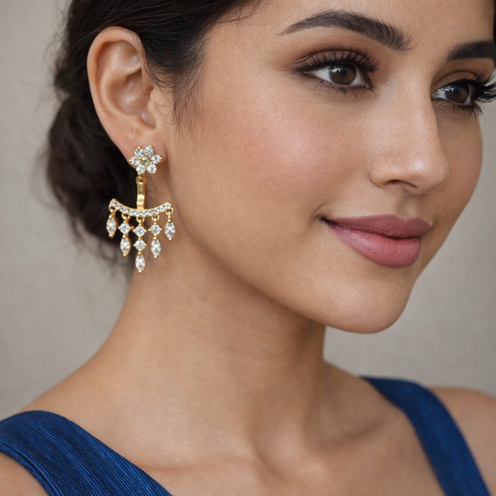 Floral Gold Dangle Earrings with Crystal Drops – Elegant Wedding & Festival Statement Jewelry - Image 2