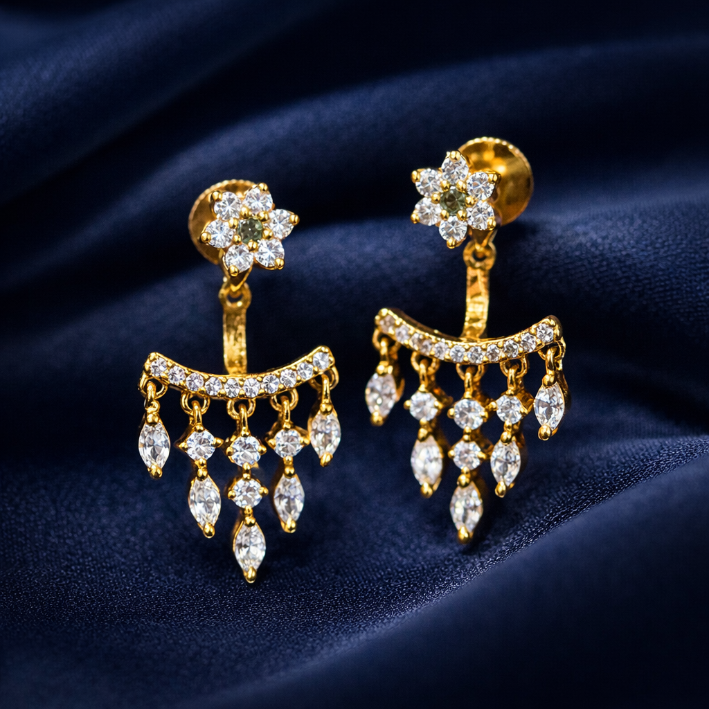 Floral Gold Dangle Earrings with Crystal Drops – Elegant Wedding & Festival Statement Jewelry - Image 3