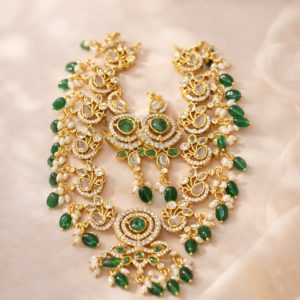 Emerald Green Temple Bridal Necklace Set – Traditional Gold Statement Wedding Jewelry