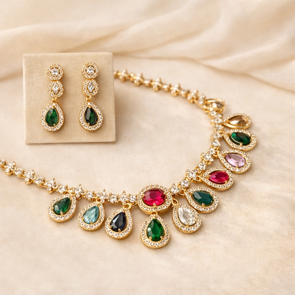 Royal Multicolor Gemstone Gold Bridal Necklace Set - Image 2
