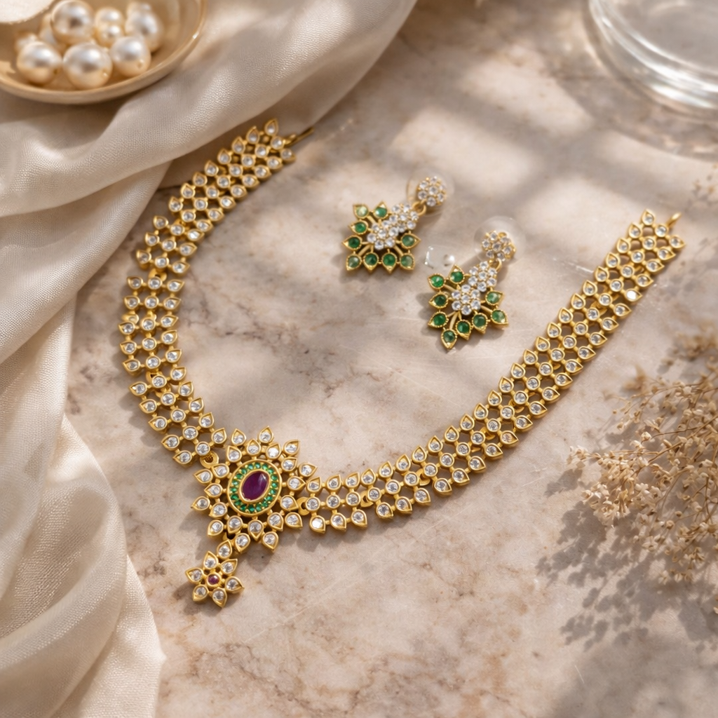 Royal Gold-Tone Kundan Bridal Necklace Set – Traditional Wedding Statement Jewelry with Ruby & Green Accents