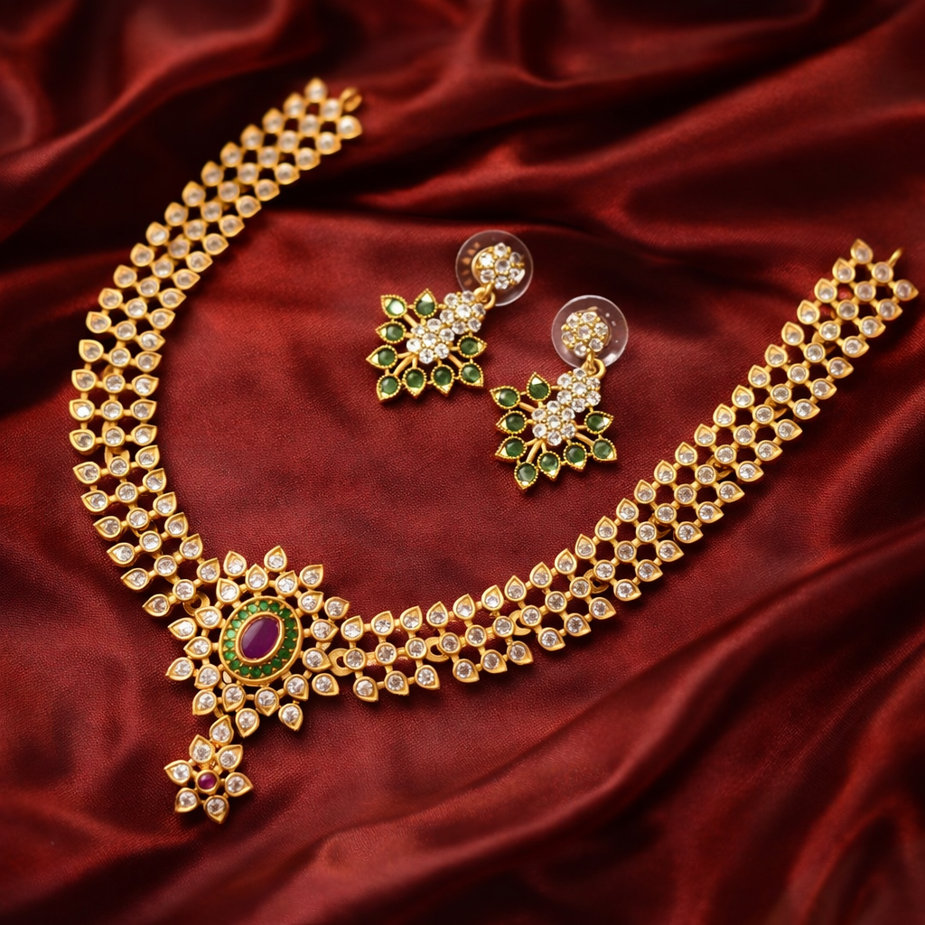 Royal Gold-Tone Kundan Bridal Necklace Set – Traditional Wedding Statement Jewelry with Ruby & Green Accents - Image 2