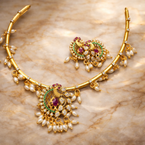 Royal Peacock Gold Tone Bridal Necklace Set – Traditional Temple Statement Jewelry with Pearl Drops