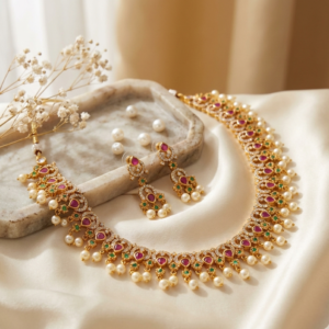 Grand Ruby Green Temple Bridal Necklace Set – Traditional Gold Tone Wedding Statement Jewelry with Pearl Drops