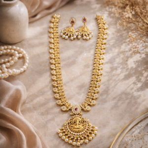 Lakshmi Haram Necklace Set with Pearl Jhumkas