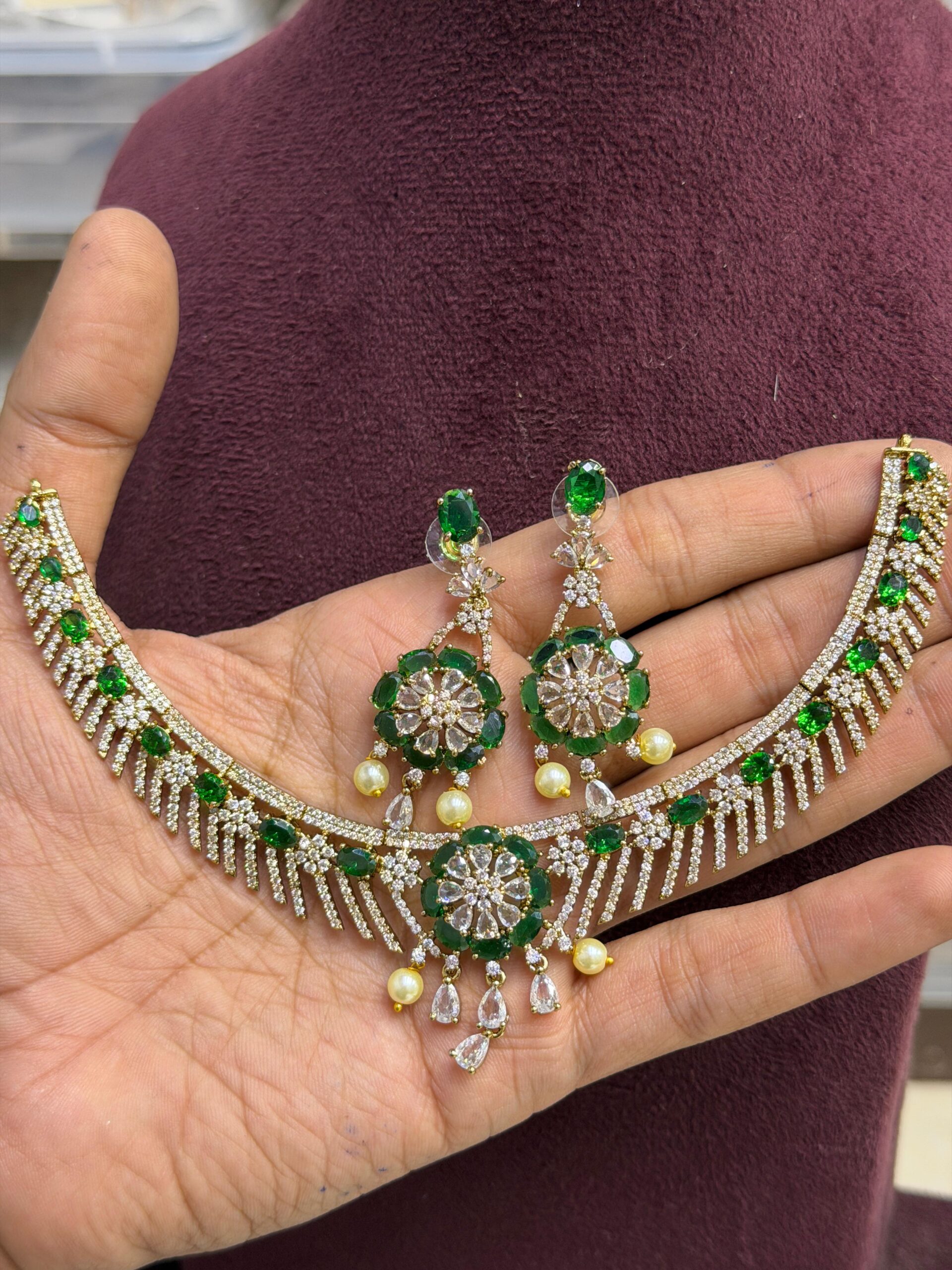 Emerald Bloom Designer Bridal Necklace Set – Green Gemstone Statement Jewelry for Wedding & Festive Wear - Image 2