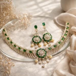 Emerald Bloom Designer Bridal Necklace Set – Green Gemstone Statement Jewelry for Wedding & Festive Wear