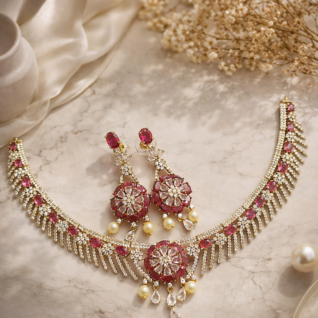 Ruby Bloom Designer Bridal Necklace Set