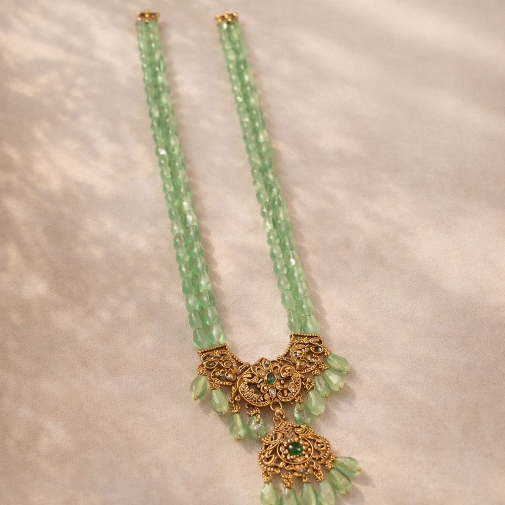 Mint Green Beaded Temple Necklace – Antique Gold Statement Bridal Jewelry for Wedding & Festive Wear - Image 3