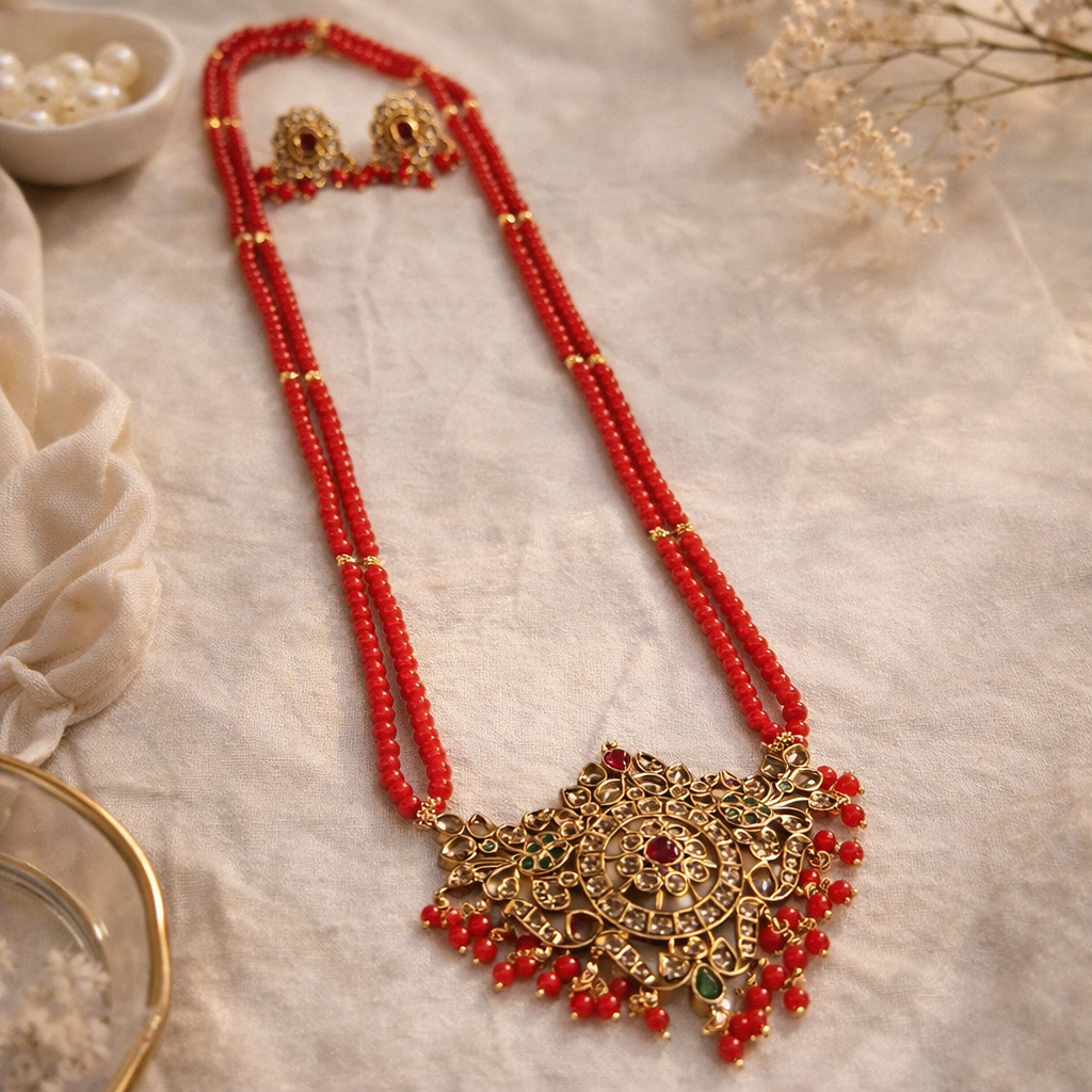 Red Beaded Temple Necklace – Antique Gold Statement Bridal Jewelry for Wedding Wear - Image 2