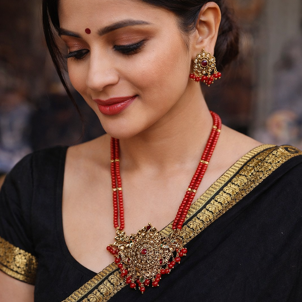 Red Beaded Temple Necklace – Antique Gold Statement Bridal Jewelry for Wedding Wear - Image 4