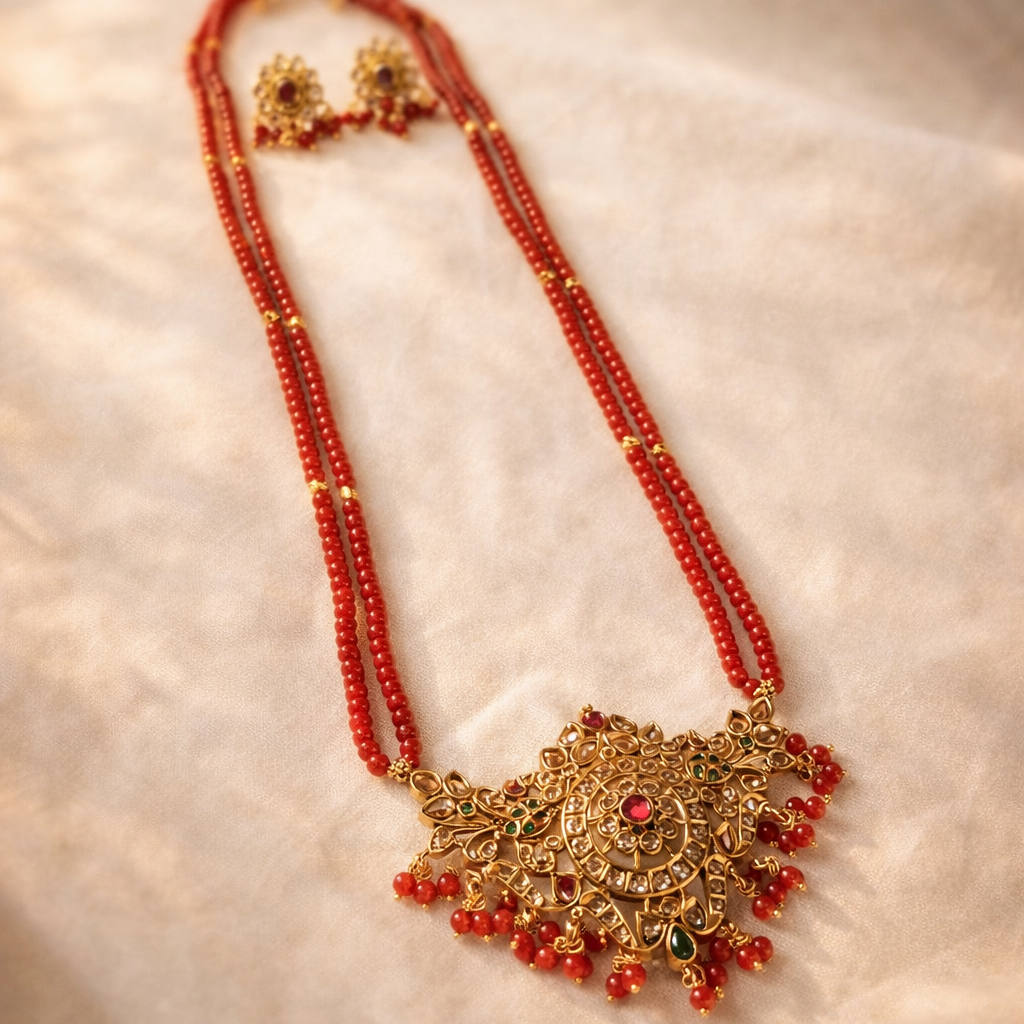 Red Beaded Temple Necklace – Antique Gold Statement Bridal Jewelry for Wedding Wear - Image 3