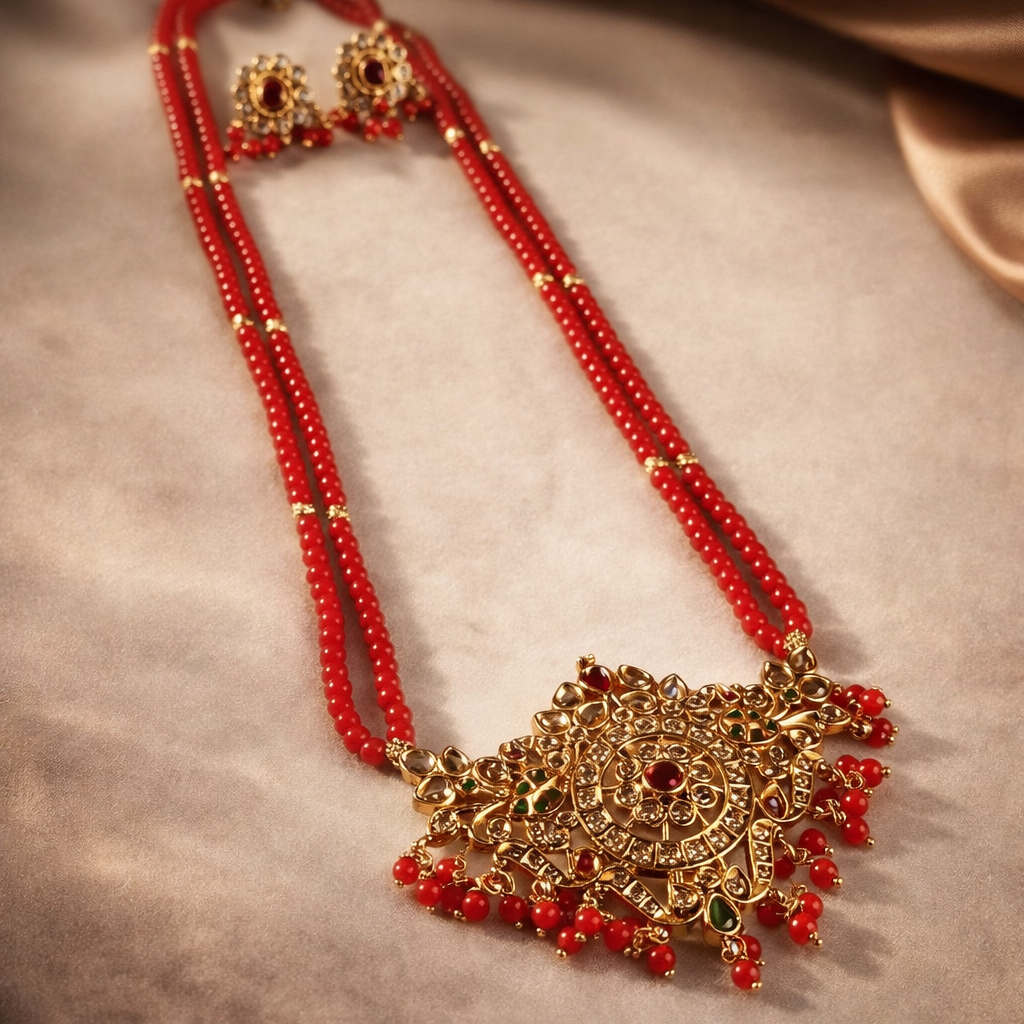 Red Beaded Temple Necklace – Antique Gold Statement Bridal Jewelry for Wedding Wear