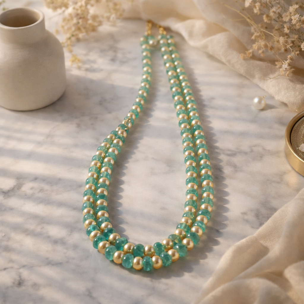 Mint Green & Pearl Double Strand Necklace – Elegant Traditional Beaded Jewelry for Wedding & Festive Wear - Image 4