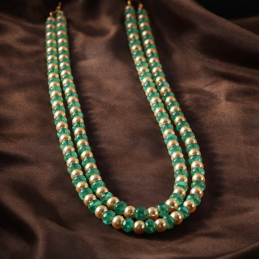 Mint Green & Pearl Double Strand Necklace – Elegant Traditional Beaded Jewelry for Wedding & Festive Wear - Image 3